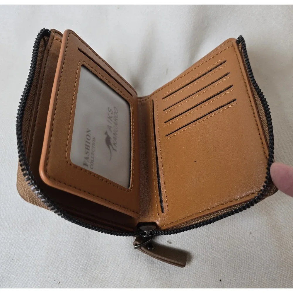 AIKS Kangaroo Wallet Men's BrownLeather Zip Bifold Credit Card ID Slots‎ Casual